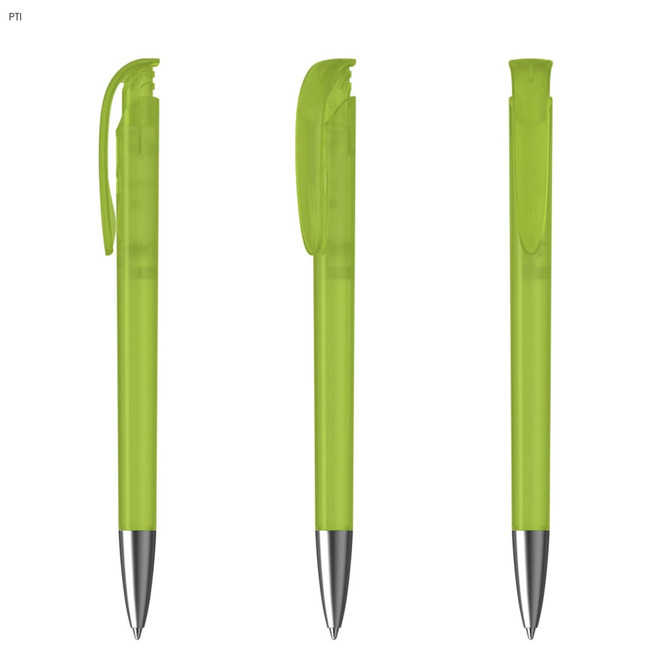 A plastic pen in bright lime green with a silver tip and a retractable mechanism. The pen has a simple, sleek design.