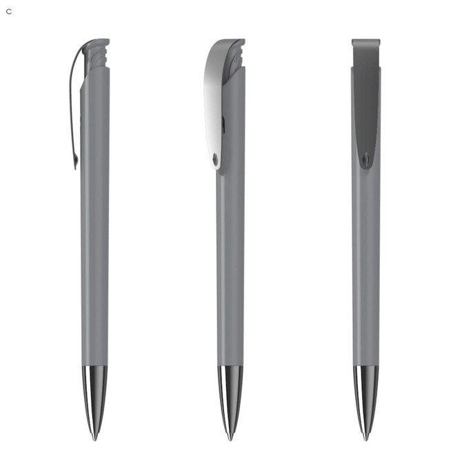 A grey plastic pen featuring a sleek design and a clip, showcasing three different angles.