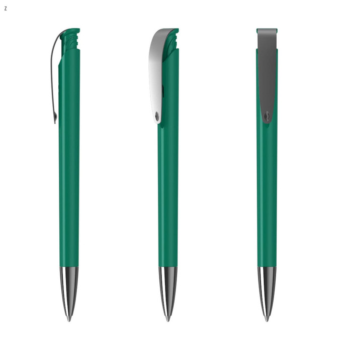 A green plastic pen with a silver clip and a sleek design, featuring a logo on its surface.