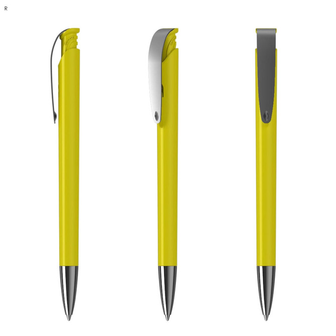 A yellow plastic pen with a silver clip, displayed in multiple angles. The pen features a sleek design.
