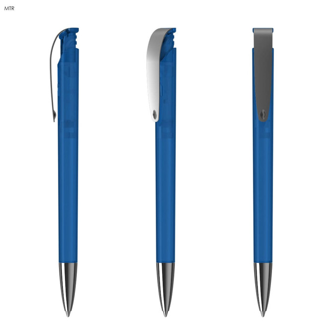 A blue plastic pen with a silver clip, displayed from three different angles. It features a transparent barrel.