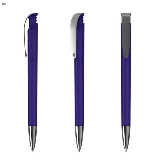 A transparent purple plastic pen with a silver clip and a shiny tip, featuring branding on the side.