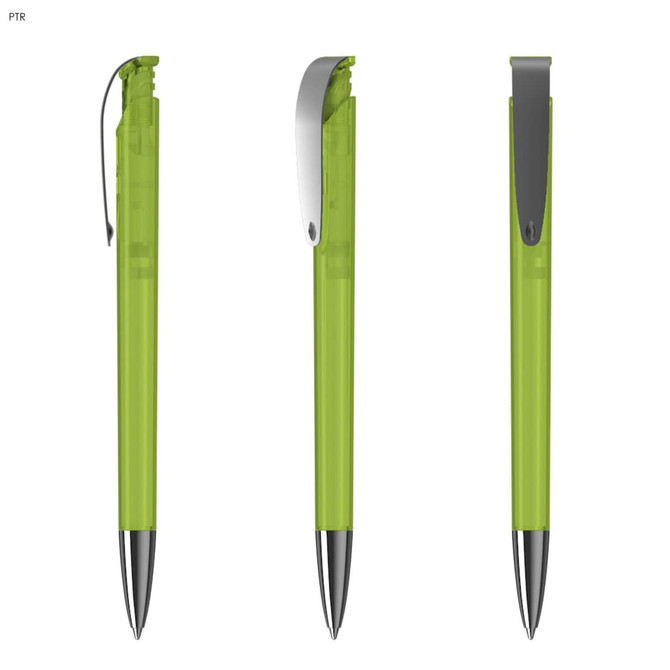 A green transparent plastic pen featuring a silver clip and black tip, displayed from three angles.