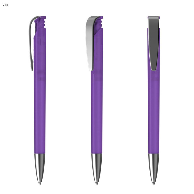 A purple plastic pen with a silver clip, displayed from three angles. The pen features a sleek design and has a logo.
