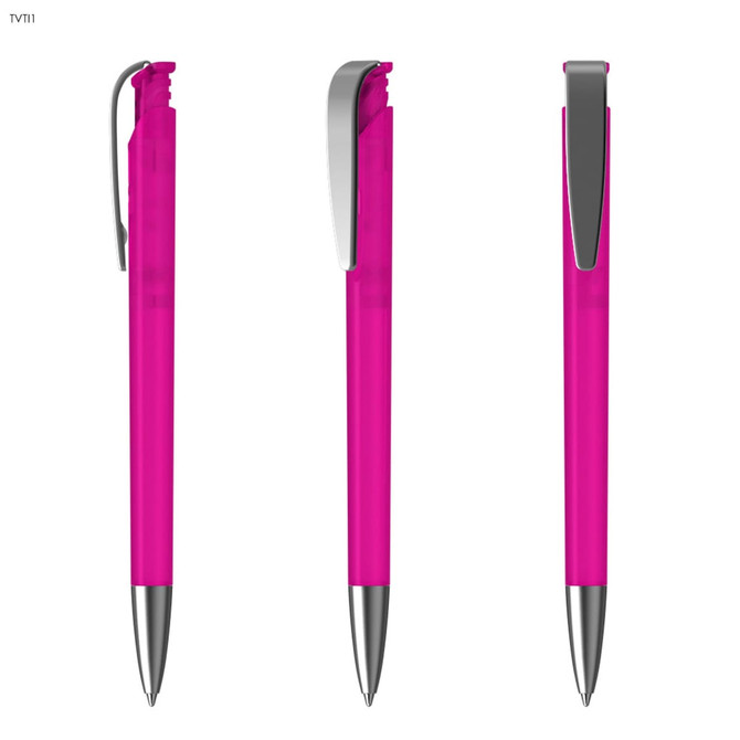A set of three pink plastic pens with silver accents and clips, showcasing their sleek design.