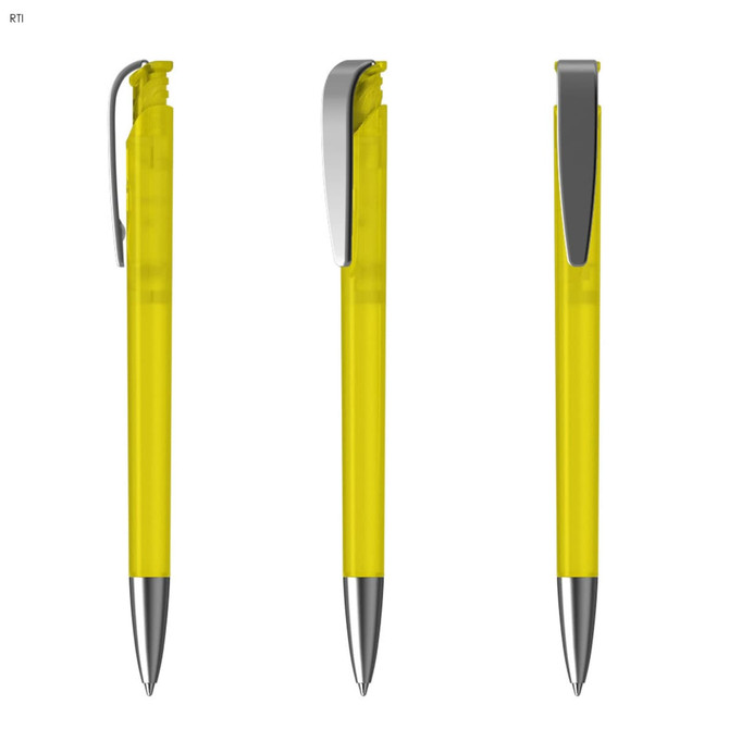 A set of bright yellow plastic pens with silver accents, featuring a clip and a sleek design.