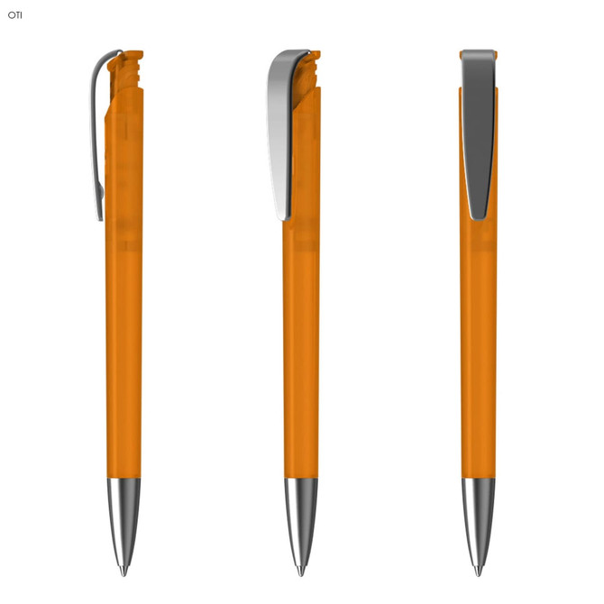 An orange plastic pen with a silver clip, displayed from three angles. Features a smooth design and shiny finish.