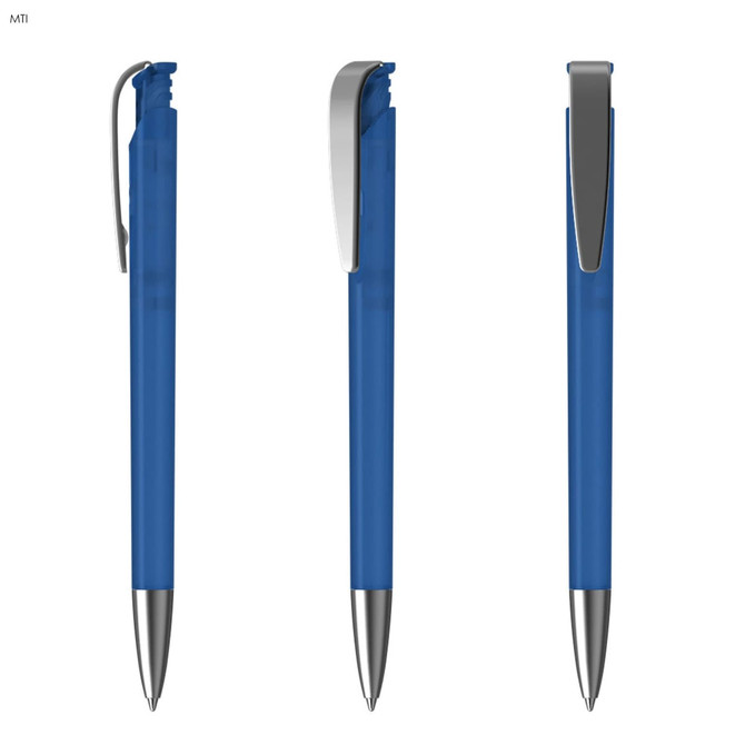 A blue plastic pen with a silver clip, featuring a sleek design and a shiny barrel. It has a logo on the side.