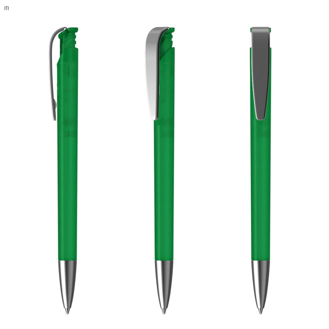 A green plastic pen with a silver clip, featuring a sleek and modern design.