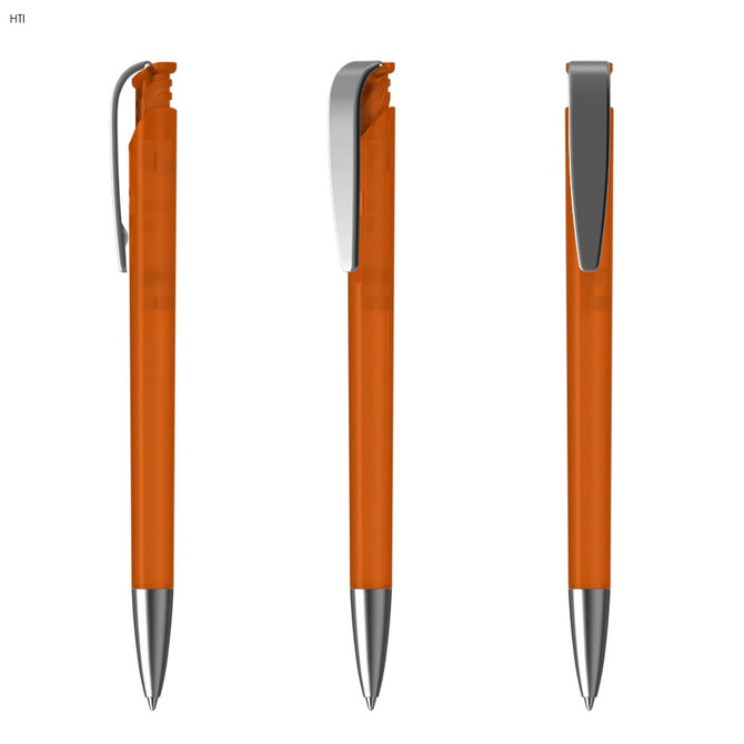 An orange plastic pen with a silver clip, displayed from three angles. It features a sleek design and a shiny finish.