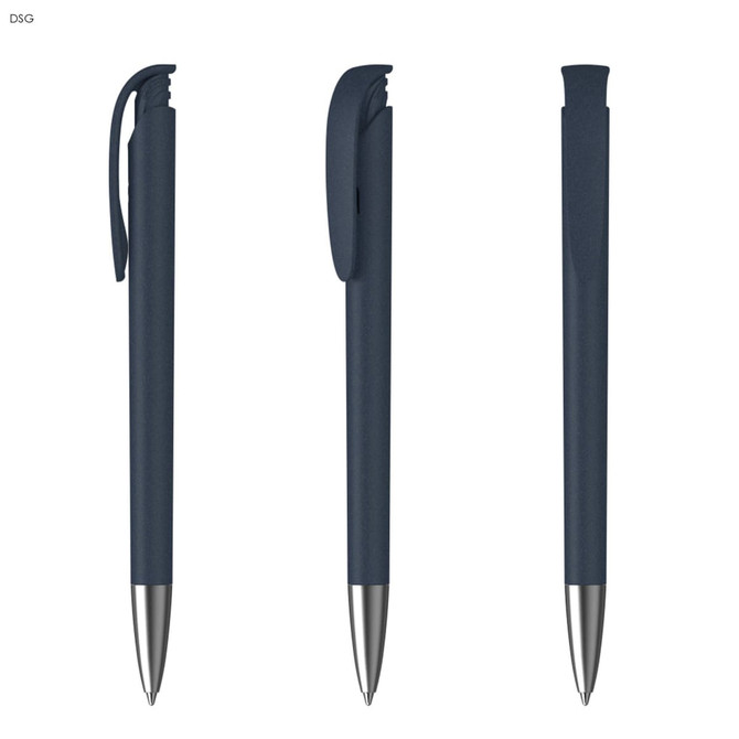 A plastic pen with a soft grip featuring a dark blue body and silver accents, shown from three angles.