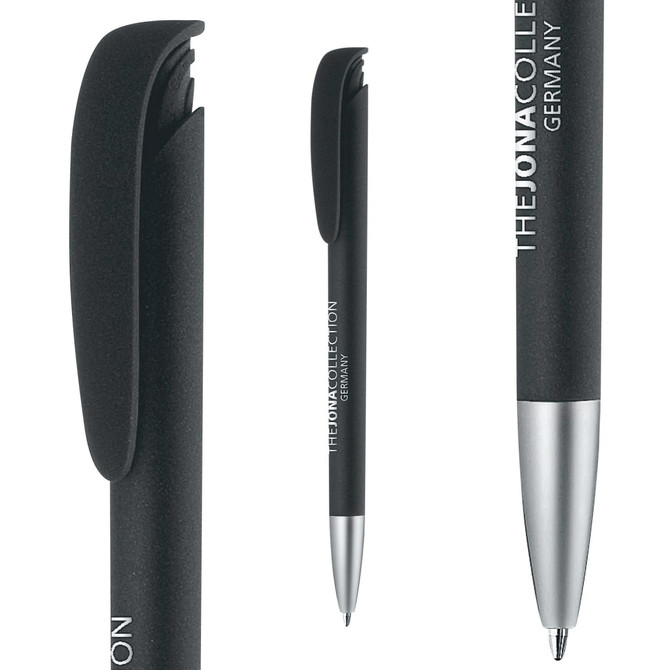 A black plastic pen with a soft grip, featuring a silver tip and a logo on the barrel.