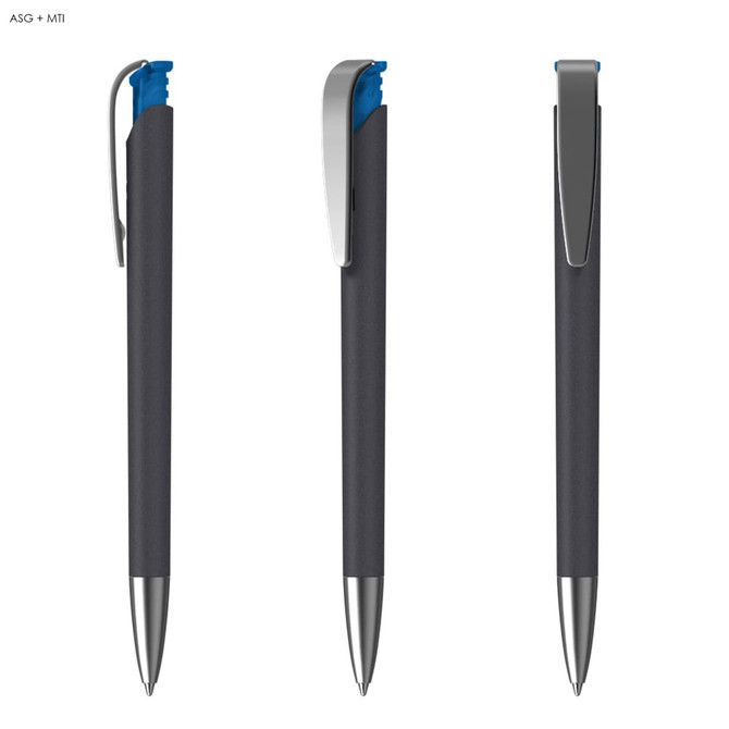 A sleek black plastic pen with a blue grip and silver accents, featuring a clip and smooth design.