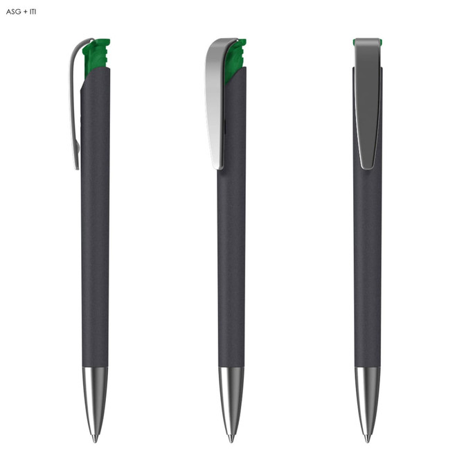 A plastic pen with a soft grip, featuring a grey barrel and green accents, along with a silver clip.