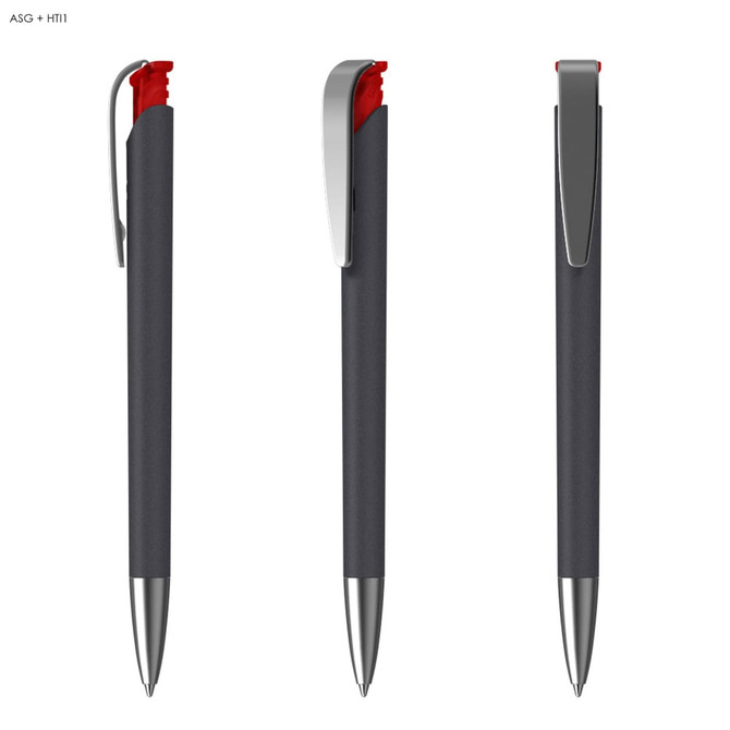 A black and red plastic pen with a soft grip, featuring a silver clip and tip, along with a logo.