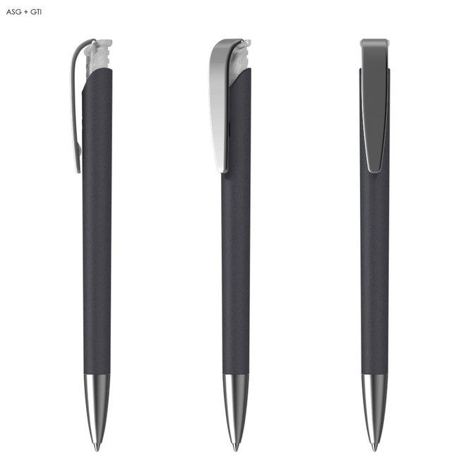 A black plastic pen with a soft grip and metallic accents, featuring a clip and a sleek design, shown from multiple angles.