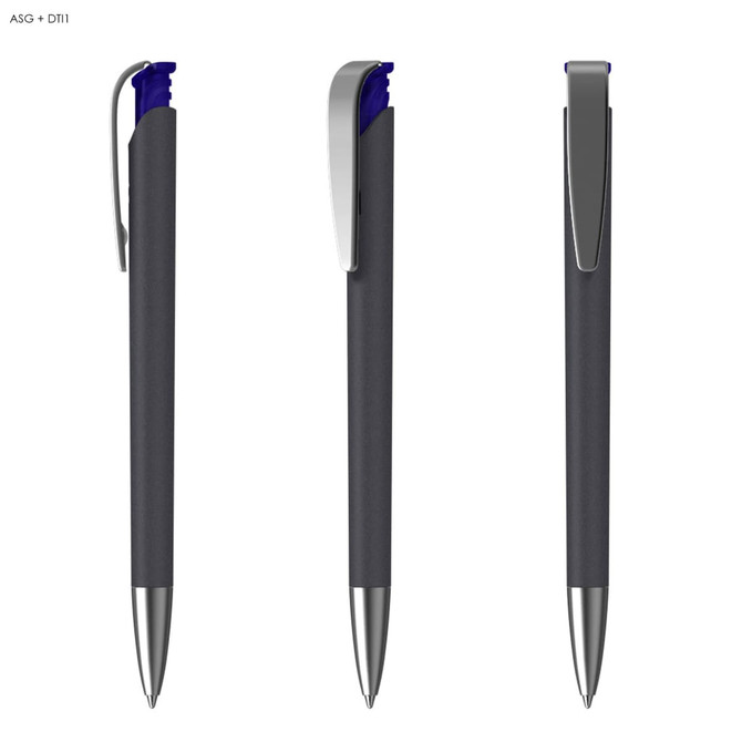 A plastic pen with a soft grip, featuring a dark grey body and blue and silver accents, along with a clip.