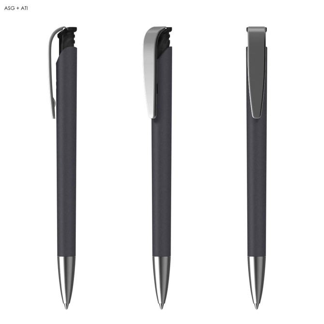 A sleek black plastic pen with a soft grip and silver accents, featuring a clip and a polished tip.
