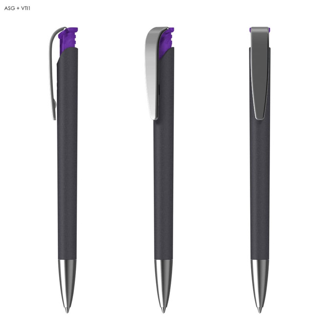 A black plastic pen with a purple grip and silver clip, featuring a sleek design and a logo.