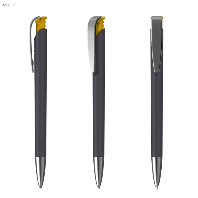 A plastic pen with a soft grip in black and yellow, featuring a shiny silver clip. It has a sleek design and a logo.