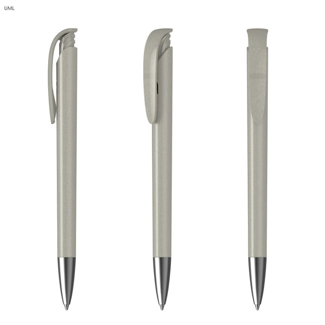 A metallic pen in light grey with a silver tip and a clip, featuring a sleek design and a branding logo.