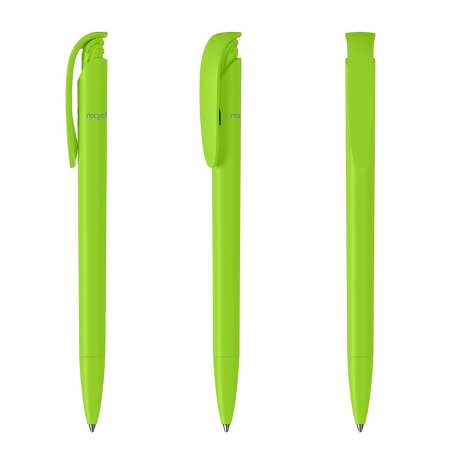 A set of vibrant lime green plastic pens with clips, showcasing different angles of the product.