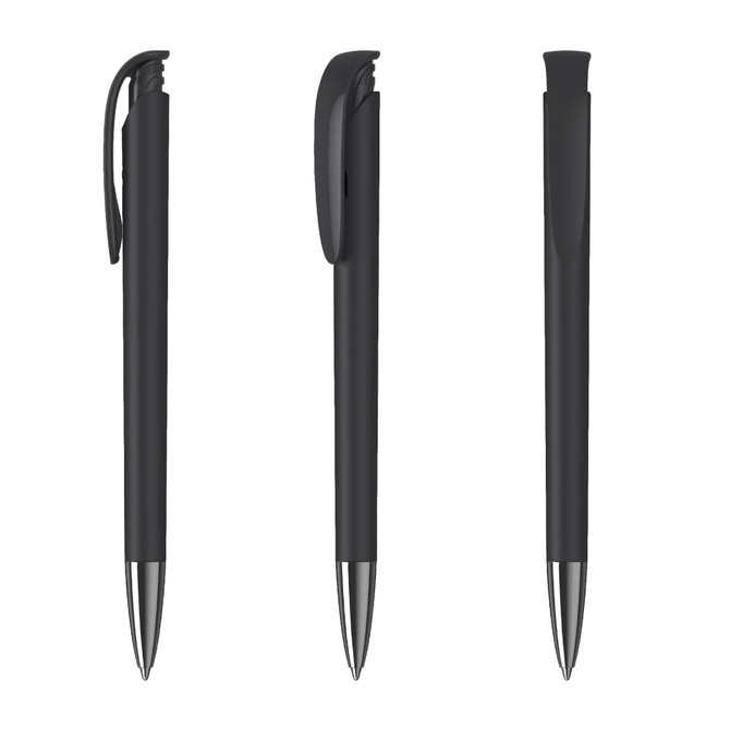 A set of three black metal pens with a high gloss finish and clips, featuring a sleek design and silver accents.