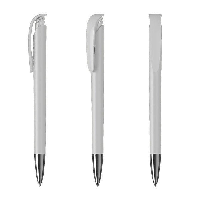 A high gloss metal pen in white with a silver tip and clip, featuring a sleek design.