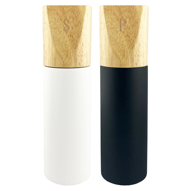 A set of two grinders, one white and one black, with wooden tops featuring engraved letters.