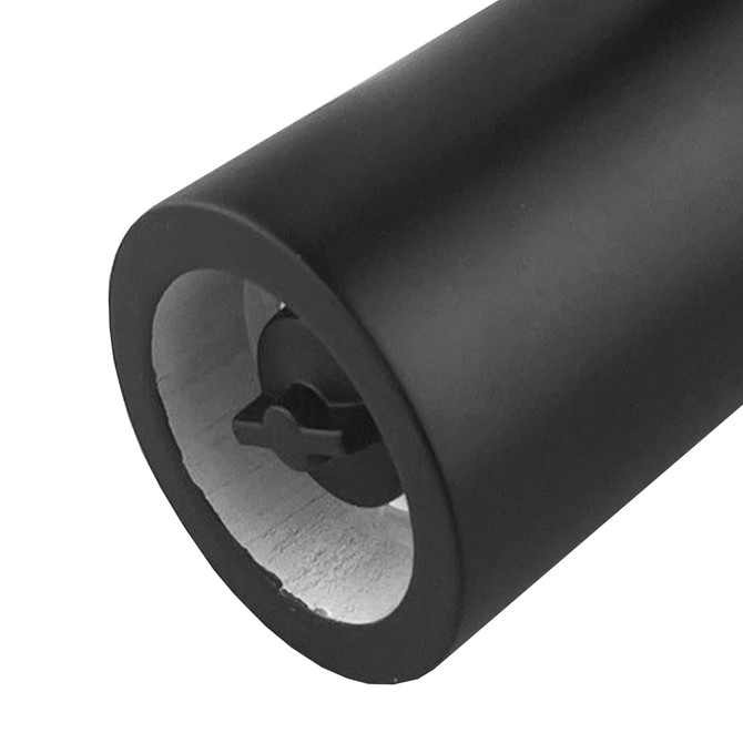 A black Maxwell Grinder with a cylindrical shape and a circular opening at one end. It has a logo on the surface.