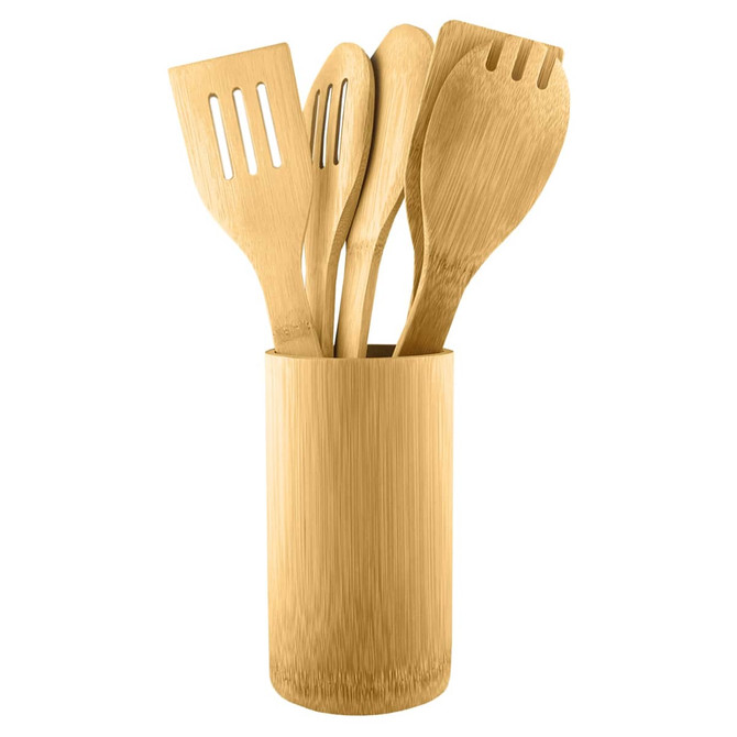A bamboo cutlery set with a variety of utensils in a matching holder, featuring a warm, natural colour.