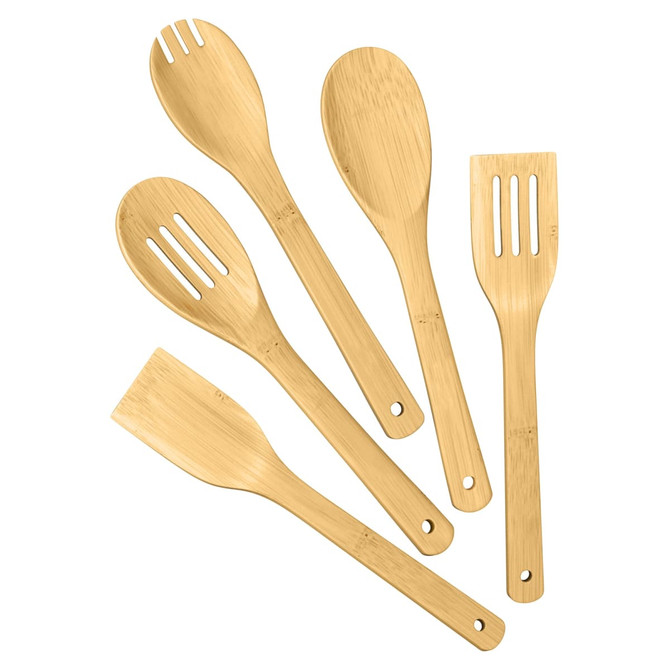 A bamboo cutlery set featuring five utensils in various shapes and sizes, all made from natural bamboo.