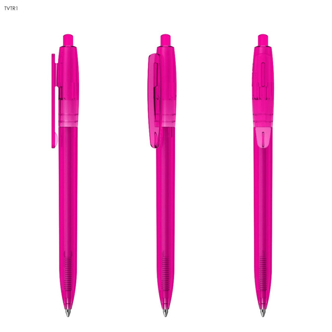 A set of three pink plastic pens with a translucent design and clip. Each pen features a clear body to view ink levels.