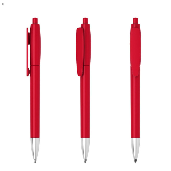 A set of red plastic pens with silver accents and a clip; featuring three different angles.