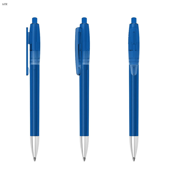 A plastic pen in transparent blue with a silver nib, featuring a clip and a push button mechanism.