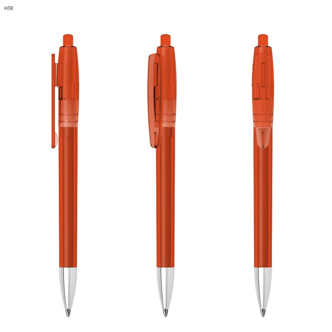 Three orange plastic pens with retractable tips, featuring a clip and a silver nib. The pens have a simple design.