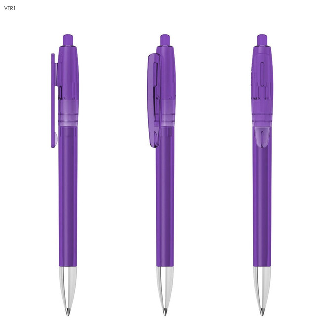 A purple plastic pen with a transparent body and a silver clip, featuring a simple, sleek design and a logo.