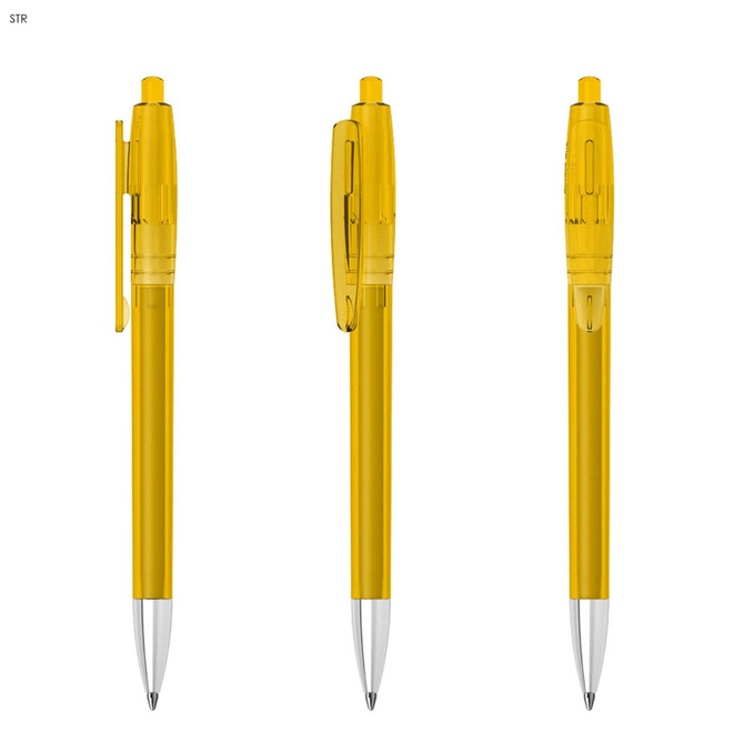 Yellow plastic pens with transparent barrels and silver tips, featuring a clip and button mechanism.