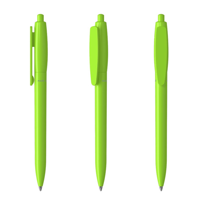 A set of three bright green plastic pens with clips and pointed tips. Each pen has a smooth finish and a logo.