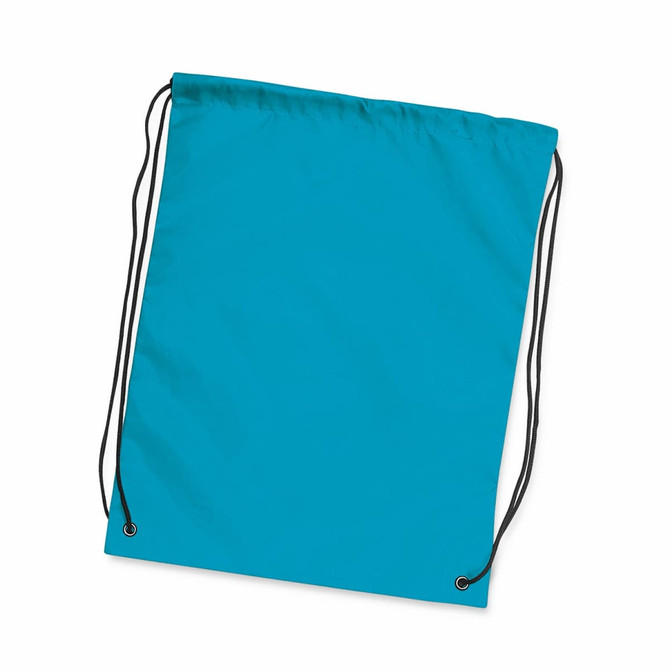 A turquoise drawstring backpack with black cords, featuring reinforced eyelets.