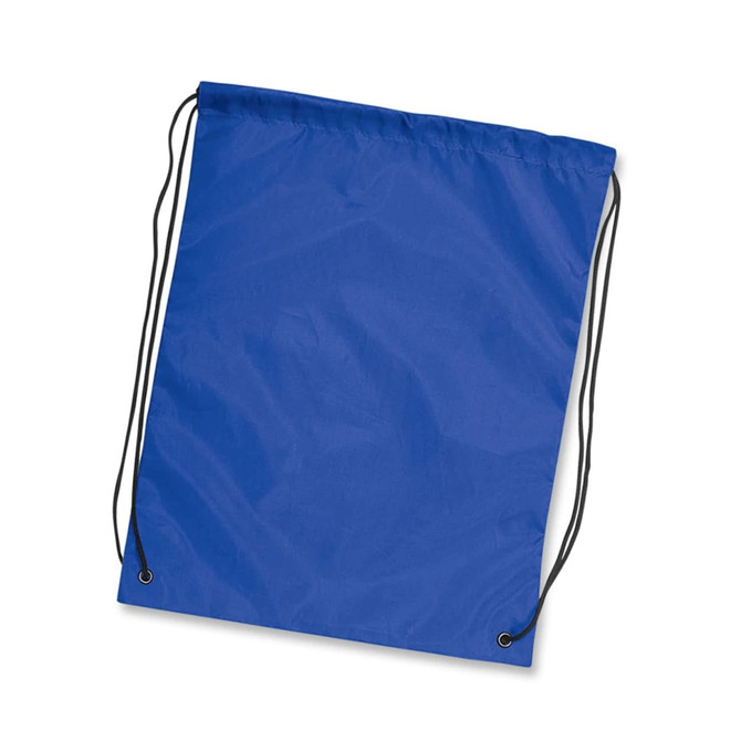 A blue drawstring backpack with black cords and a simple design. It features a logo on one side.