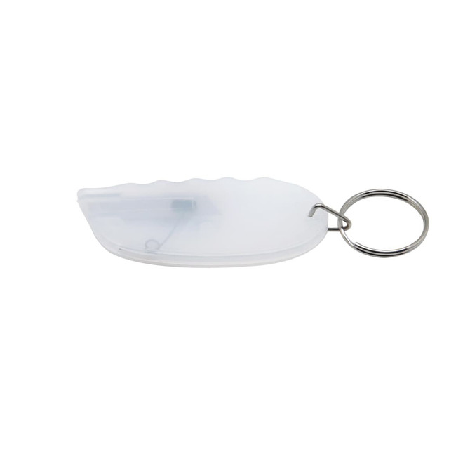 A transparent mini cutter key ring with a silver key ring attachment. The cutter has a sleek, curved design.