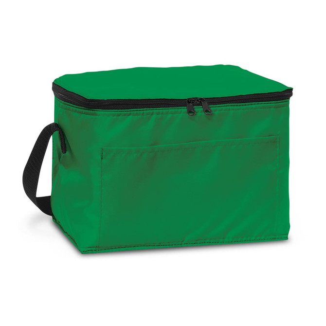 A green cooler bag with a zippered top, featuring a side handle and a front pocket. It has a simple branding logo.