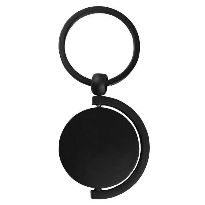 A black bamboo key ring featuring a circular design and a smooth finish. It includes a loop for attaching keys.