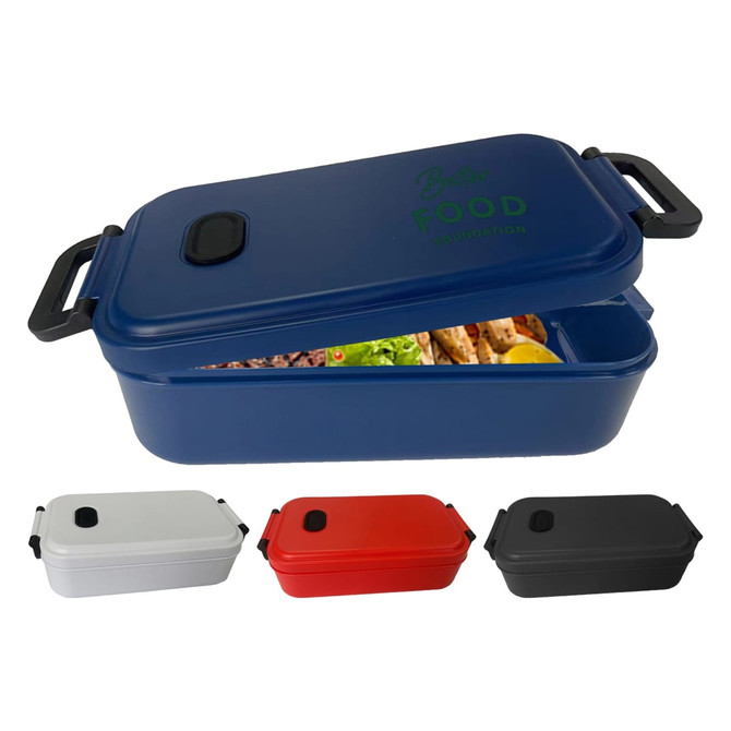 A blue lunch box with a lid, featuring grey, red, and black variants. Includes a handle and a logo.