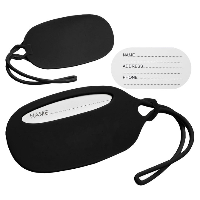 A black silicone luggage tag featuring a transparent area for personal details and a loop attachment.