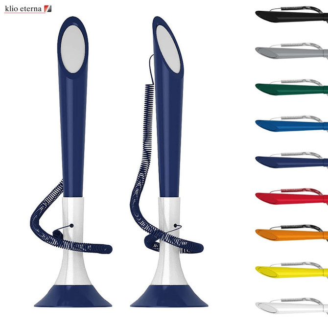 Two plastic memo holders in navy blue with a white base, featuring a spiral cord and various colour options visible.