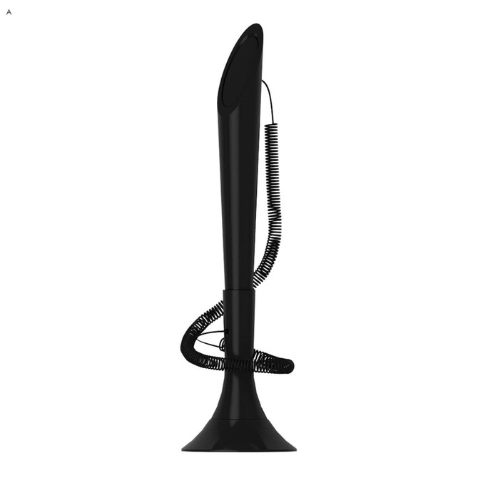 A sleek black promotional pen with a coiled cord. It features a modern design and includes a branding logo.