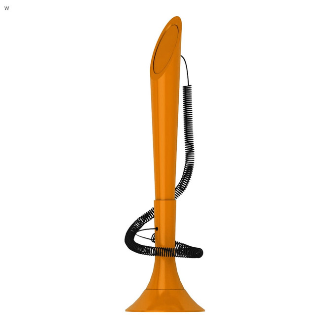 An orange, elongated pen with a spiral black cord attached, featuring a branding logo.