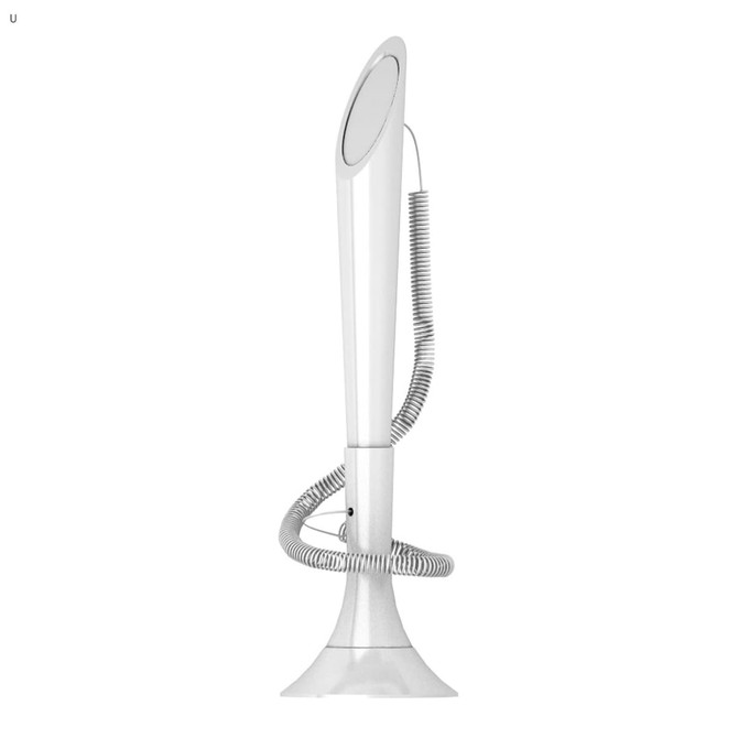 A sleek, modern white lamp with a flexible arm and a circular light head, featuring a coiled cable.
